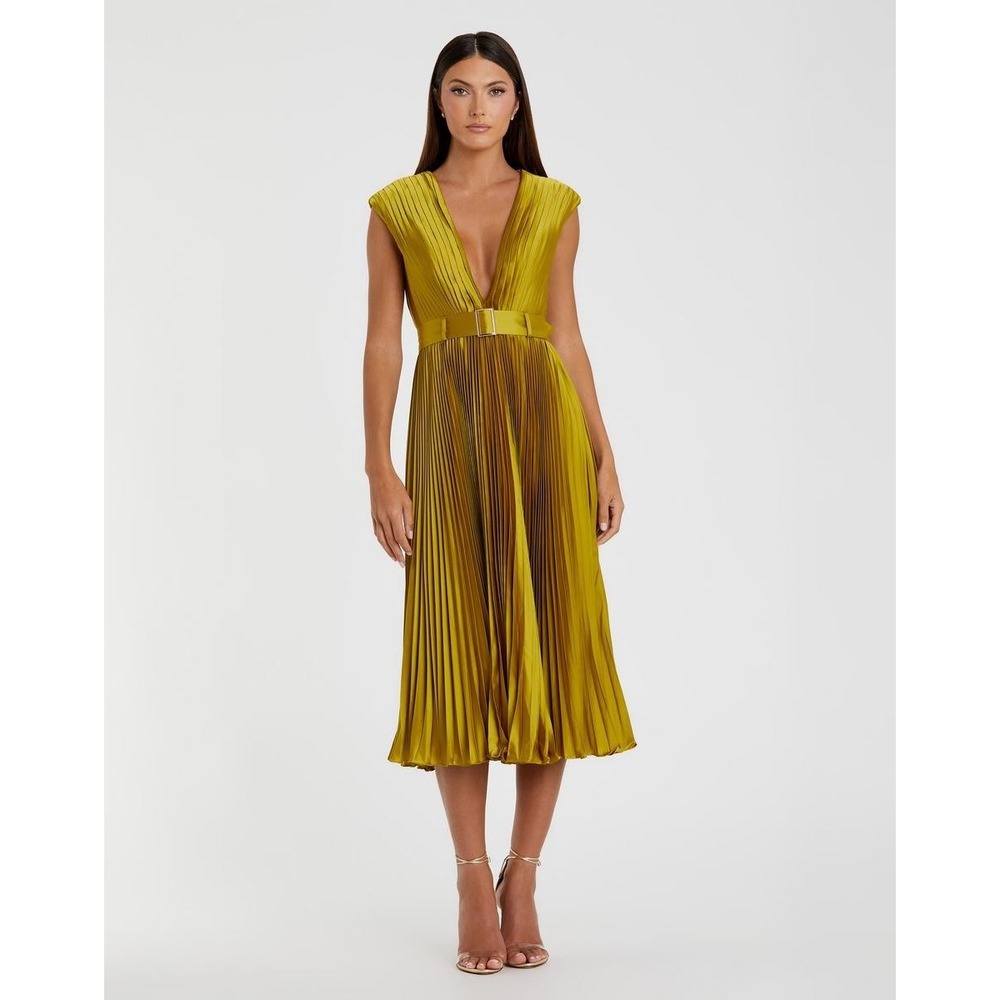 NWT IEENA for Mac Duggal 26483 Dress Womens 8 Chartreuse Pleated Formal Midi